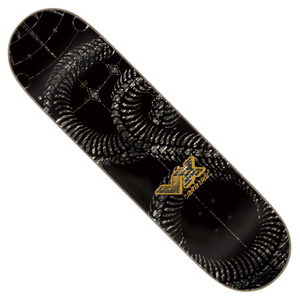 The McCoy Snakes VX Deck 8.25in x 31.83in by Santa Cruz Skateboards features a coiled black-and-gray snake in an infinity shape on a dark background with a gold Primitive logo near the tail.
