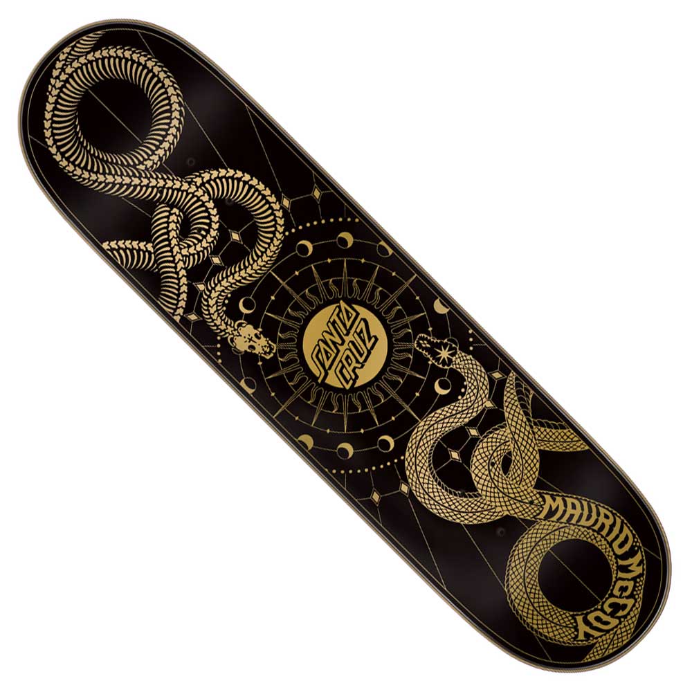 The McCoy Snakes VX Deck by Santa Cruz Skateboards is a black 8.25in x 31.83in deck featuring gold line art of intertwined snakes, geometric patterns, and stylized "Santa Cruz" and "Maurio McCoy" lettering.