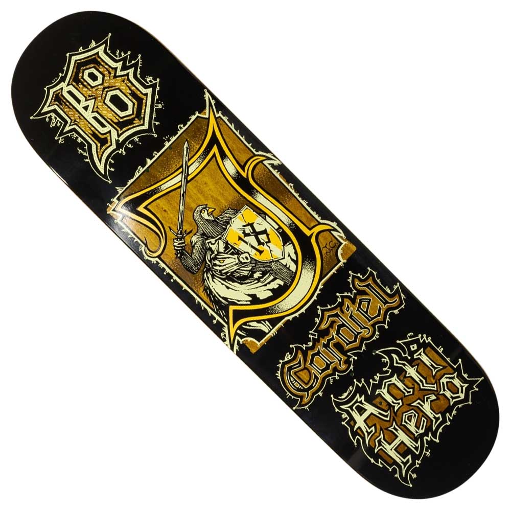 The Medieval Cardiel 8.62 Various Stains Deck by Anti Hero Skateboard showcases a gold-toned knight with sword and shield, ornate "Cardiel, Anti Hero, 88" lettering, and gold accents on a black background.