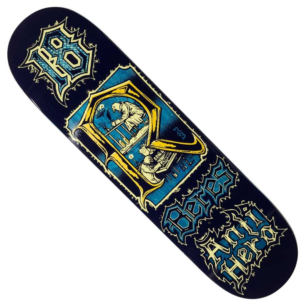 The Medieval Raney 8.5 Various Stains Deck by Anti Hero Skateboards features a dark blue background, gothic-style yellow and blue "Pease" and "Anti Hero" lettering, and a robed figure writing in a book.