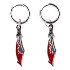 The Meek Slasher Sword Earring Set from Santa Cruz features silver and red sword-shaped charms with intricate handles, inspired by the Keith Meek Slasher graphic, displayed against a white background.