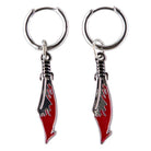 A pair of metal sword-shaped keychains inspired by the Santa Cruz Meek Slasher Sword Earring Set, featuring silver handles and red, flame-like blades.