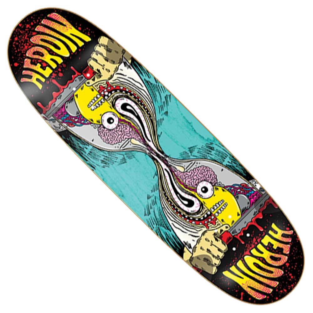 The Merged Anatomy Razor 9.25x32.25 Heroin Skateboards Deck Shaped features mirrored cartoon faces with yellow skin, large eyes, and exposed brains gripping a red saw—a vivid tribute to merged anatomy razor art. Bold yellow “HEROIN” lettering stands out on both ends of the deck, set against a dynamic blue and black background for eye-catching appeal.