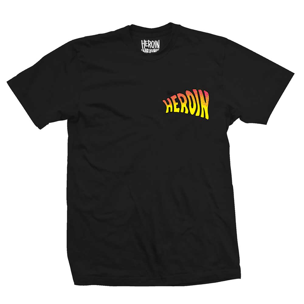 The Merged Black Heroin Skateboards Tee features the word HEROIN in a vibrant yellow-to-red gradient wavy font on the left chest, capturing the bold style of Heroin Skateboards.