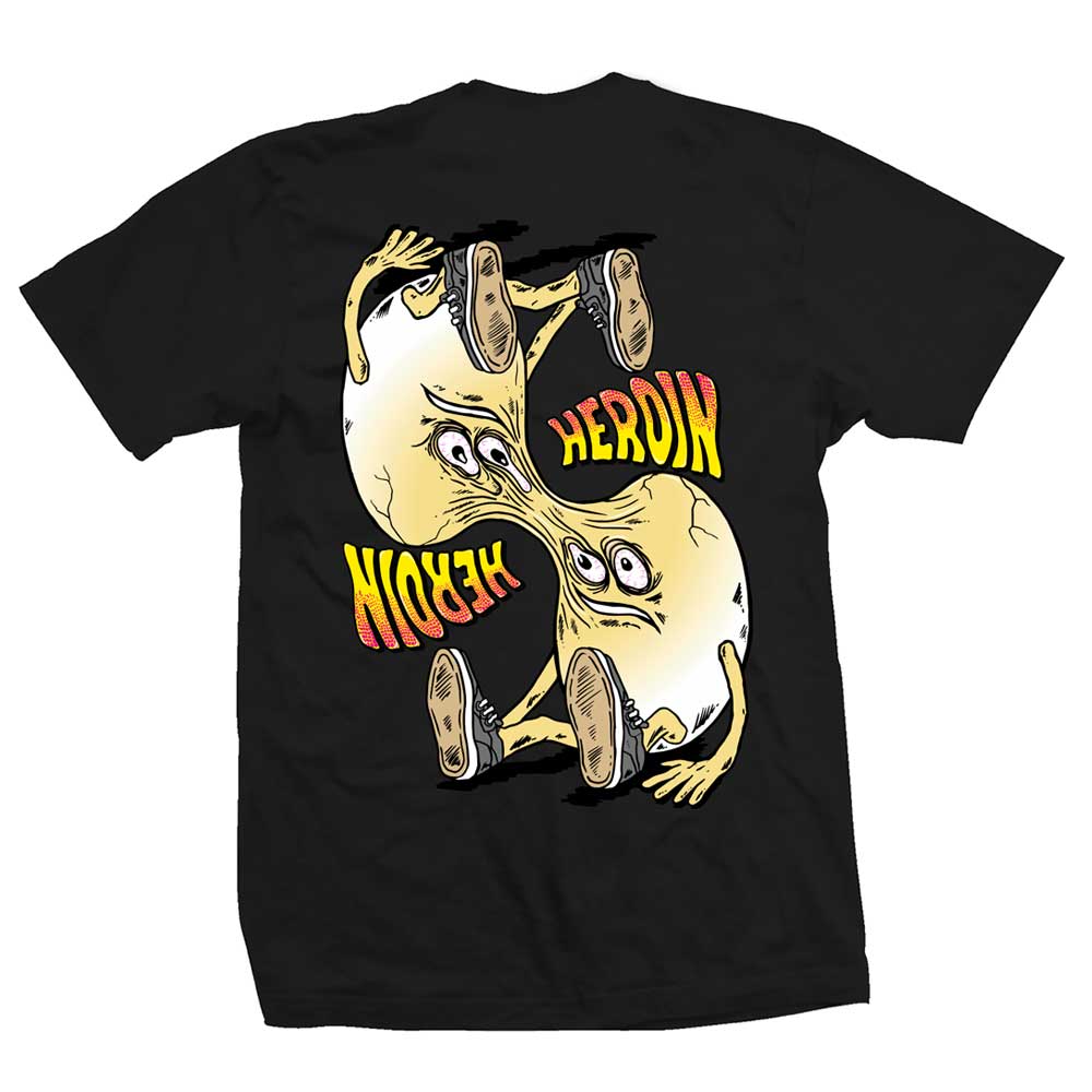 The Merged Black Heroin Skateboards Tee features two cartoonish, distorted egg-like characters—each with arms, legs, and shoes—set against a black backdrop. Bold “HEROIN” lettering appears twice in yellow and red, mirrored upside down within the graphic for a striking effect authentic to Heroin Skateboards’ iconic style. With its unique black tones and playful design details, this tee is a must-have for any skateboard enthusiast.