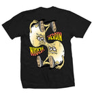 The Merged Black Heroin Skateboards Tee features two cartoonish, distorted egg-like characters—each with arms, legs, and shoes—set against a black backdrop. Bold “HEROIN” lettering appears twice in yellow and red, mirrored upside down within the graphic for a striking effect authentic to Heroin Skateboards’ iconic style. With its unique black tones and playful design details, this tee is a must-have for any skateboard enthusiast.