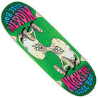A Merged Tall Boy 10.25x33 Heroin Skateboards Deck Shaped with a green background, featuring the distorted cartoon figure known as the Merged Tall Boy—depicted with two faces and sneakers—and displaying the words “Heroin Tall Boy” in bright pink and blue at both ends.