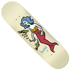 The Mermaid Cream DBX 8.5x31.85 Krooked Skateboard Deck showcases a playful cartoon mermaid with blue hair, a red tail, and a yellow seashell top, surrounded by two fish and bubbles on a light background. This eye-catching deck is crafted with basalt technology for a lightweight yet exceptionally durable ride.