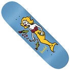 The Mermaid Light Blue DBX 8.38x32.25 Krooked Skateboard Deck showcases a playful cartoon mermaid with yellow hair and tail, wearing a red bikini top and surrounded by two fish and red bubbles—all on an ultra-responsive skateboard deck.