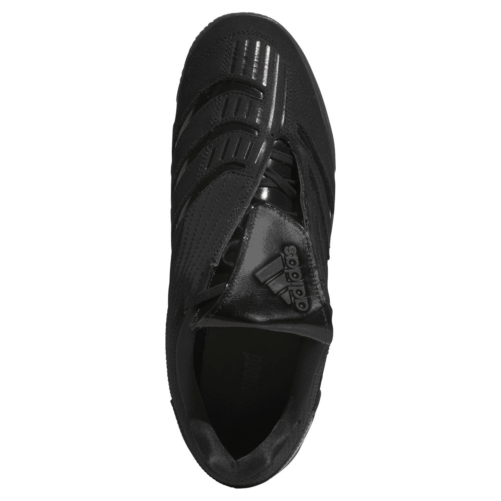 Top view of a black Metalwood Predator Sala HP4953 Adidas Skateboarding Shoe featuring a lace cover and the iconic Adidas logo on the tongue. The shoe showcases textured details and stitched accents along the upper, merging classic soccer-inspired design with skateboarding and street culture aesthetics.