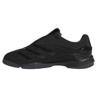 A black skateboarding shoe with textured accents, three understated stripes along the side, and a chunky rubber sole is displayed in a side profile on a white background—these Metalwood Predator Sala HP4953 Black Adidas Skateboarding Shoes embody the spirit of street culture footwear.