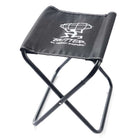 The Mini Packable Camping Chair Black by Butter Goods features a sturdy aluminum alloy frame, black fabric seat with a white globe-and-person graphic, and "BUTTER ALL TERRAIN ENTERTAINMENT." Lightweight and foldable—ideal for camping.