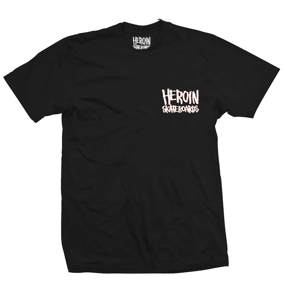 Mini Pickle Black Heroin Skateboards Tee featuring “HEROIN SKATEBOARDS” printed in a white, rough font on the left chest and inside the collar. This simple design, free of extra graphics or colors, makes it a classic piece—perfect for fans of Heroin Skateboards’ iconic Mini Pickle style.