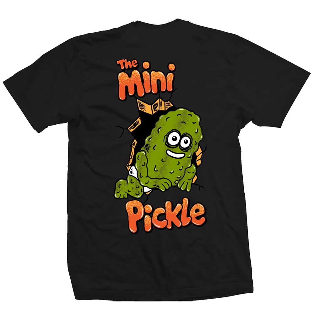 The Mini Pickle Black Heroin Skateboards Tee features a cartoon pickle character in a diaper smashing through a wall, accented by bold orange “The Mini Pickle” text above and below. Created in collaboration with Heroin Skateboards, this playful shirt adds standout style to your wardrobe.