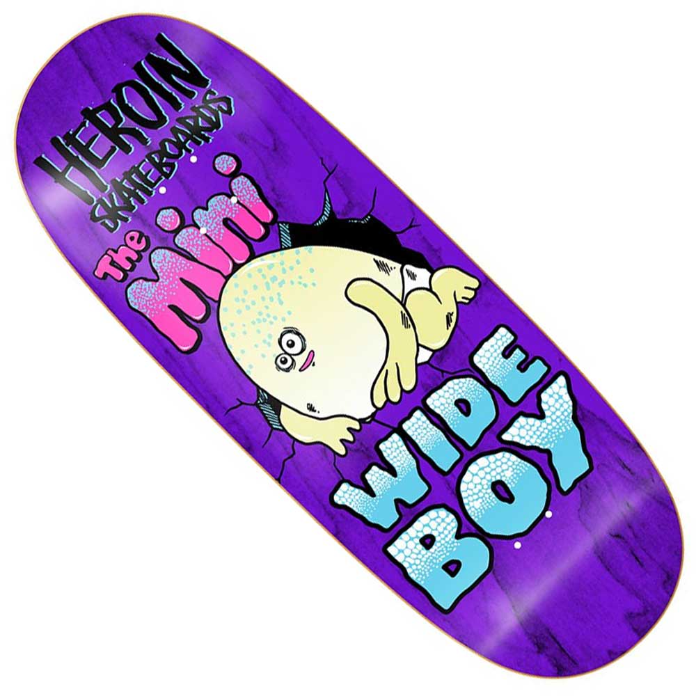 The Mini Wide Boy 10.5x29.5 Heroin Skateboards deck features purple hard rock maple with cartoon art of a round, pale fish, bold playful text saying "Heroin Skateboards The Mini Wide Boy," and a cracked background in pink, white, and blue.