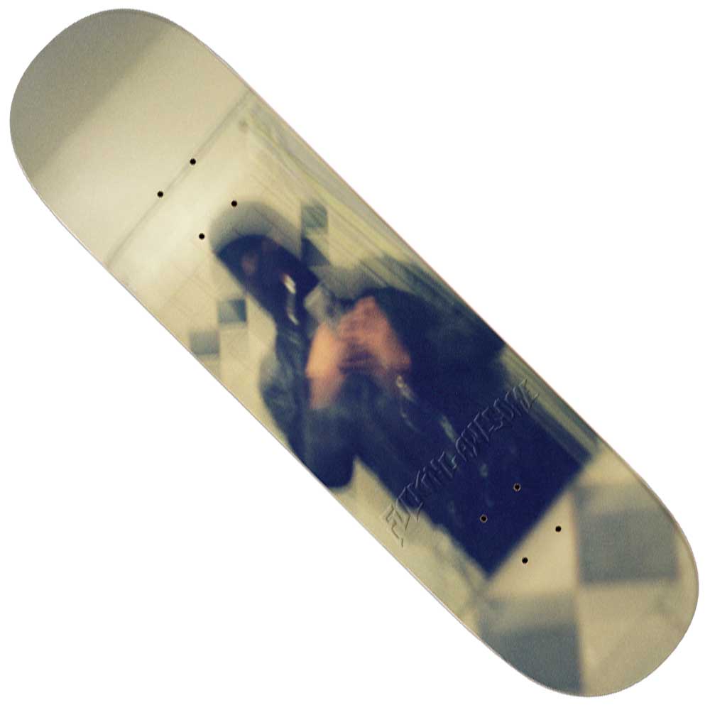 The Mirror Jake Anderson 8.38 FA Deck features a reflective surface that blurs the reflection of a photographer in a tiled room, with the faint "Fucking Awesome" logo adding an edgy, subtle element to its distinctive design.
