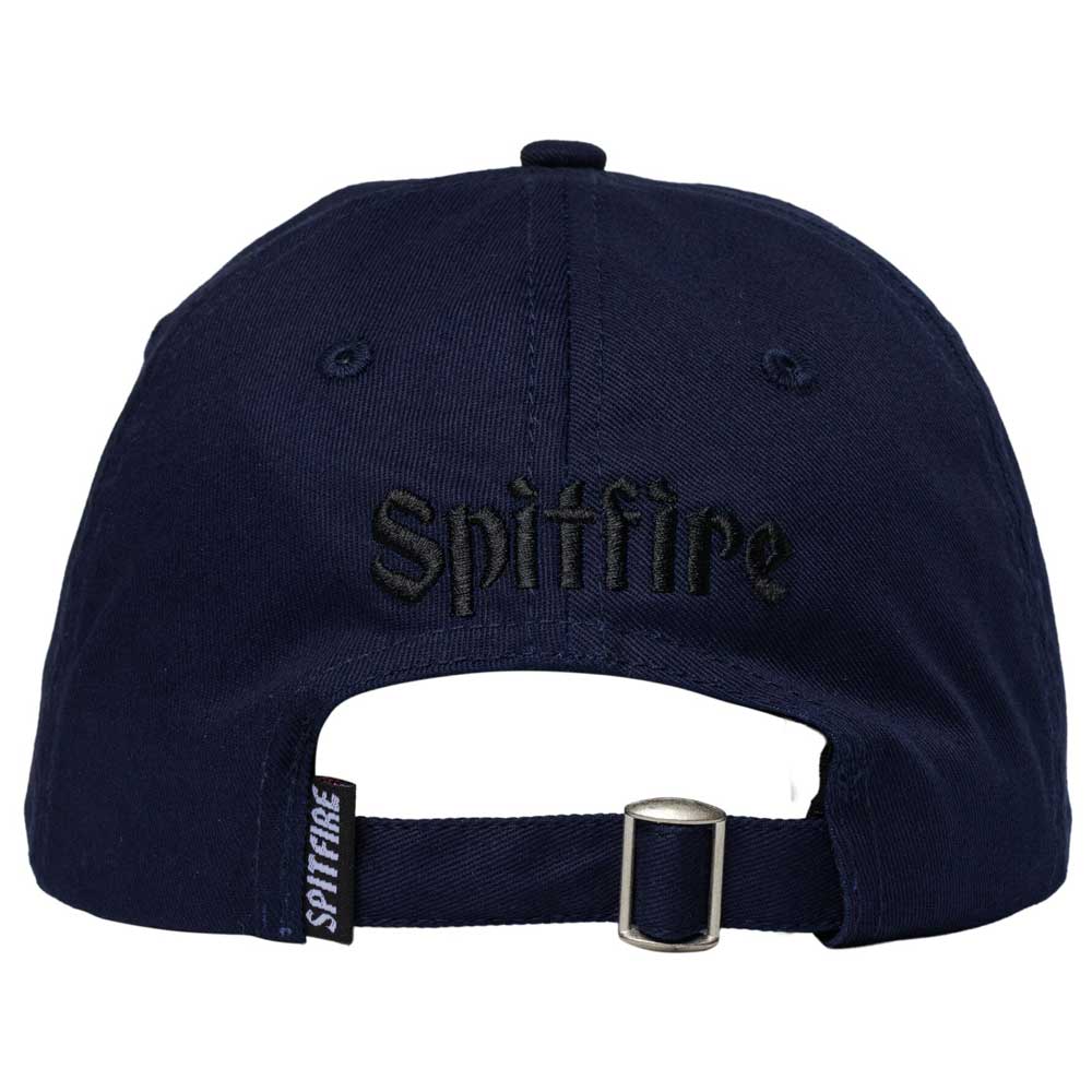 The Molotov Angel Navy Strapback by Spitfire Wheels is shown from the back, featuring black Spitfire Wheels embroidery above an adjustable strap with metal buckle and a small SPITFIRE tag on the strap.
