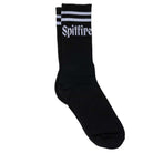 The Molotov Script Black White Sock by Spitfire Wheels features black and white crew design with two white top stripes and bold "Spitfire Wheels" Molotov Script below the stripes.
