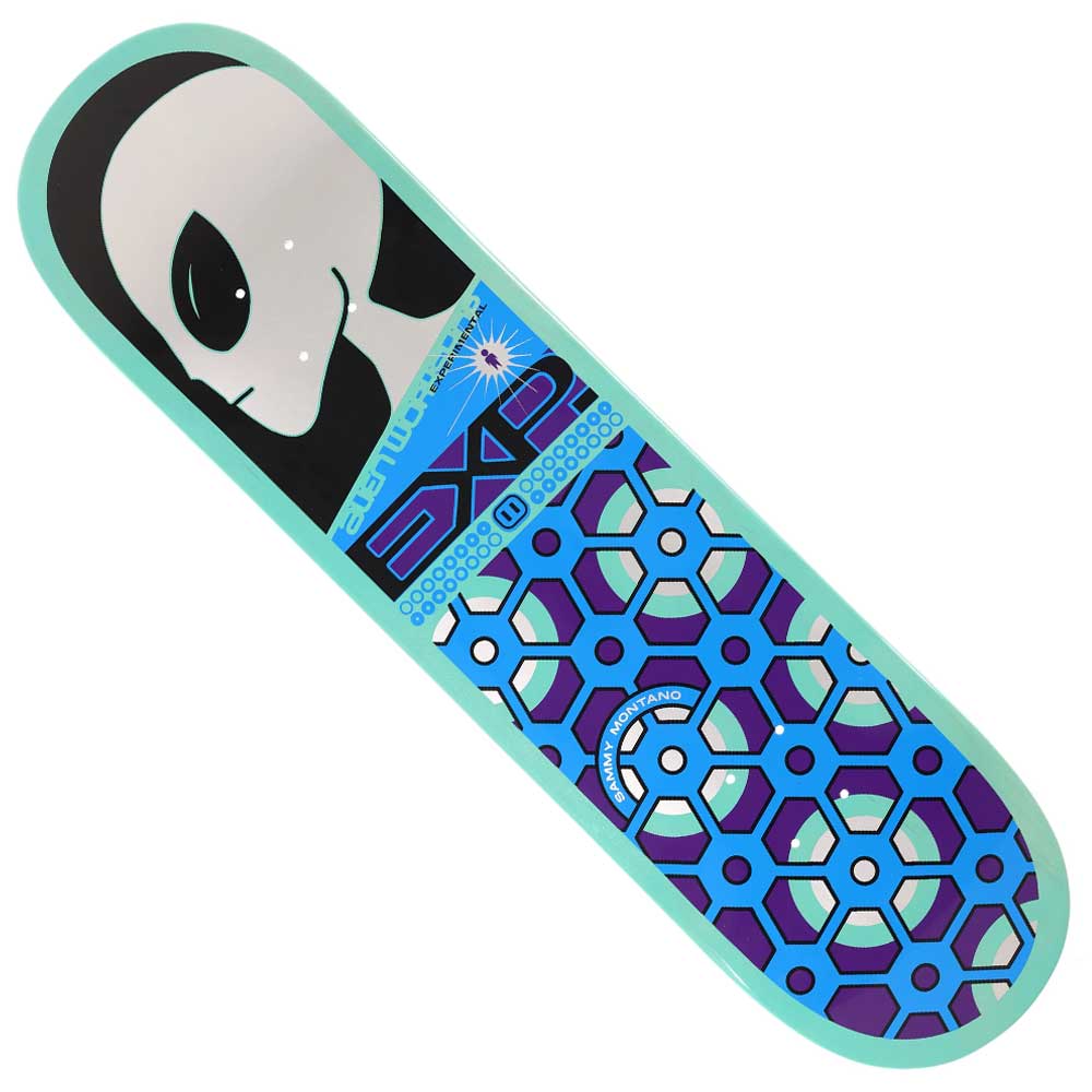 The Montano Strobe EXP Blue Deck 8.25x31.5 by Alien Workshop features a black and white alien face, blue and purple geometric honeycomb pattern, teal edges, and branding on the skateboard deck.