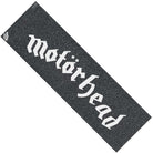The Motorhead Old English Grip Tape by Mob features a black 10in x 33in rectangular design for your skateboard, with the iconic white Motörhead logo in bold, stylized font and a small Mob Grip logo in the top left corner.