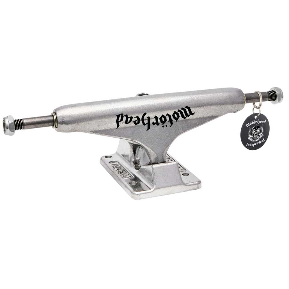 The Motorhead Hollow Polished Silver Standard INDY 144 Stage 11 Trucks Set of TWO features lightweight, performance-built skateboard trucks with Motörhead graphics printed in black on the hanger.