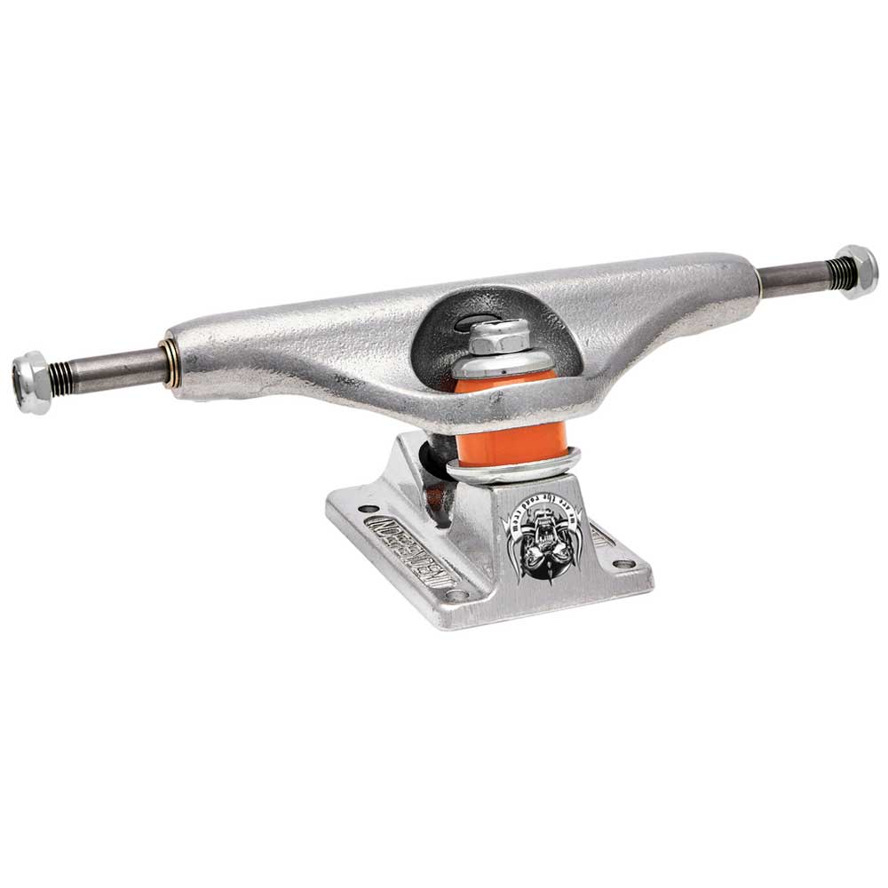 The Motorhead Hollow Polished Silver Standard INDY 144 Stage 11 Trucks Set of TWO features a silver finish, orange bushings, a bulldog logo on the front, and comes with base plates. These lightweight skateboard trucks are shown on a white background.