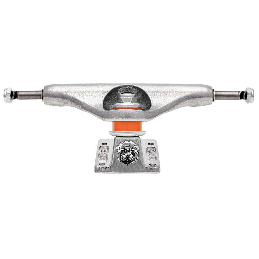 The Motorhead Hollow Polished Silver Standard INDY 144 Stage 11 Trucks set features lightweight silver skateboard trucks with orange bushings and a bulldog logo on the baseplate, shown against a white background.