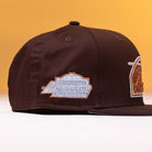 The Muddy Waters Houston Astros New Era Hat 5950 Fitted is a brown fitted cap featuring a light blue and orange embroidered patch on the side, displayed against a yellow background—delivering classic New Era style for Houston Astros fans.