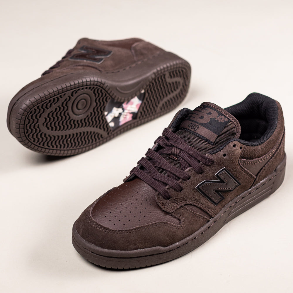The 480 CHC New Balance Numeric Suede Skateboarding Shoes are brown skate shoes inspired by heritage basketball styles.