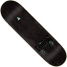 The Provost Dungeon Web Pro 8.47in x 31.98in Creature Skateboard Deck is black with a subtle marble texture, a small green tree graphic near the top, and a faint waterfall with trees image near the bottom.