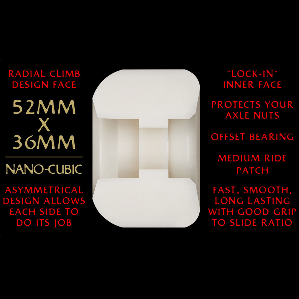 The Nano Cubics 52mm 93A Dragon Formula wheels by Powell Peralta feature a 36mm wide, asymmetrical design for balanced grip and slide, lock-in face, offset bearing seat, axle protection, and long-lasting performance.