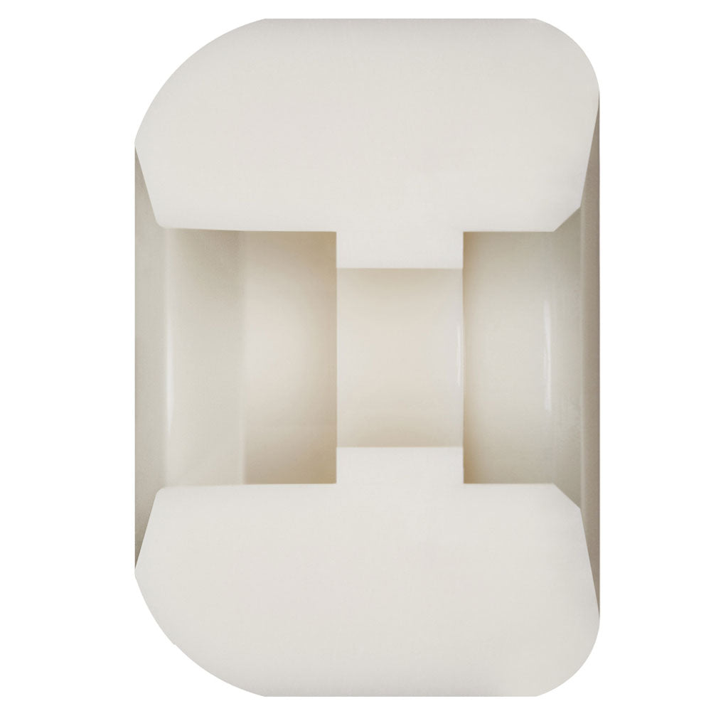 A top view of a white, geometric plastic object with two deep grooves and rounded edges—reminiscent of Nano Cubics 52mm93A 36mm Wide Dragon Formula Powell Peralta skateboard wheels designed for high performance.