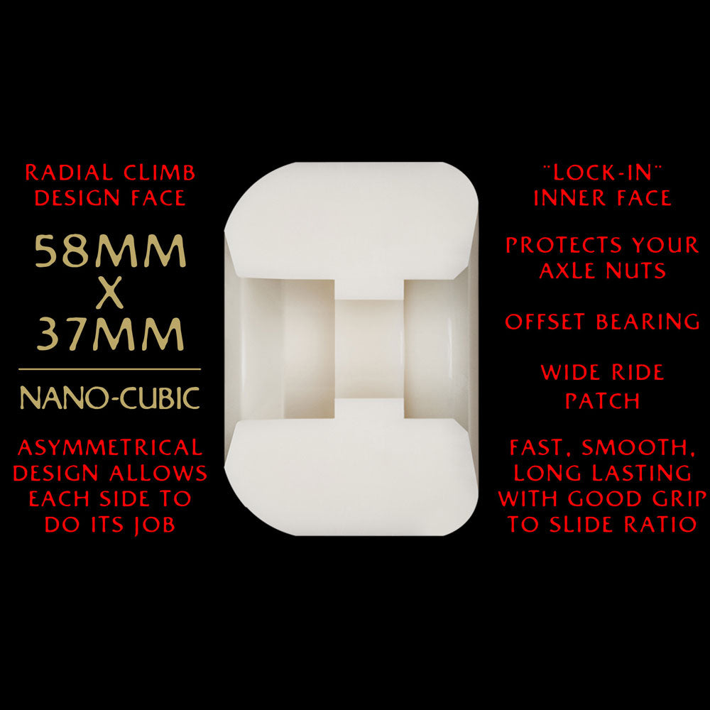 A Powell Peralta Nano Cubics wheel (58mm x 37mm, 93A Dragon Formula, Andy Anderson) appears against a black background. Red text highlights its asymmetrical design, axle protection, enhanced grip, and smooth ride.