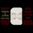 A Powell Peralta Nano Cubics wheel (58mm x 37mm, 93A Dragon Formula, Andy Anderson) appears against a black background. Red text highlights its asymmetrical design, axle protection, enhanced grip, and smooth ride.