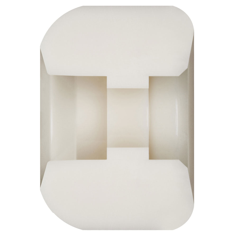 A white, cylindrical plastic pulley with a grooved center and flat sides resembles the Nano Cubics 60mm93A 38mm Wide Dragon Formula Powell Peralta Wheels Andy Anderson, shown top-down on a white background, used for guiding cables or belts.