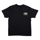 The Natas Sketch Panther S/S Heavyweight T-Shirt in black for men by Santa Cruz features a small white and beige circular graphic with text on the left chest. The shirt is displayed flat on a white background.