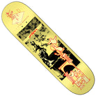 Navarez Sculpture Garden 8.38x32.25 Krooked Skateboards Deck in yellow, featuring red and black abstract art inspired by the Navarez Sculpture Garden, with a statue, birds, geometric shapes, and the word “NANEZ” boldly displayed in red.