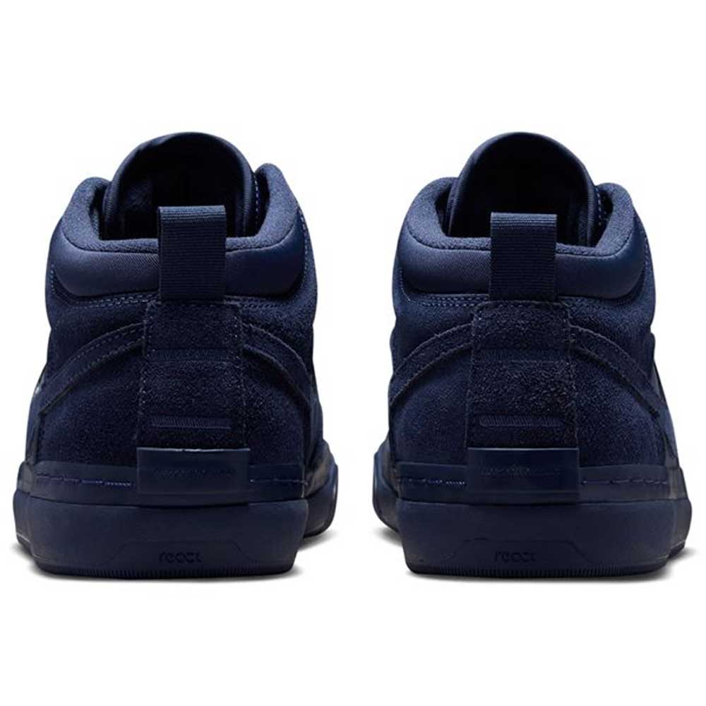 The Navy Black IR1889400 Leo Baker React Nike SB Suede Leather Skateboarding Shoes are shown from the back, featuring pull tabs, textured midsoles, and durable traction, displayed on a white background.