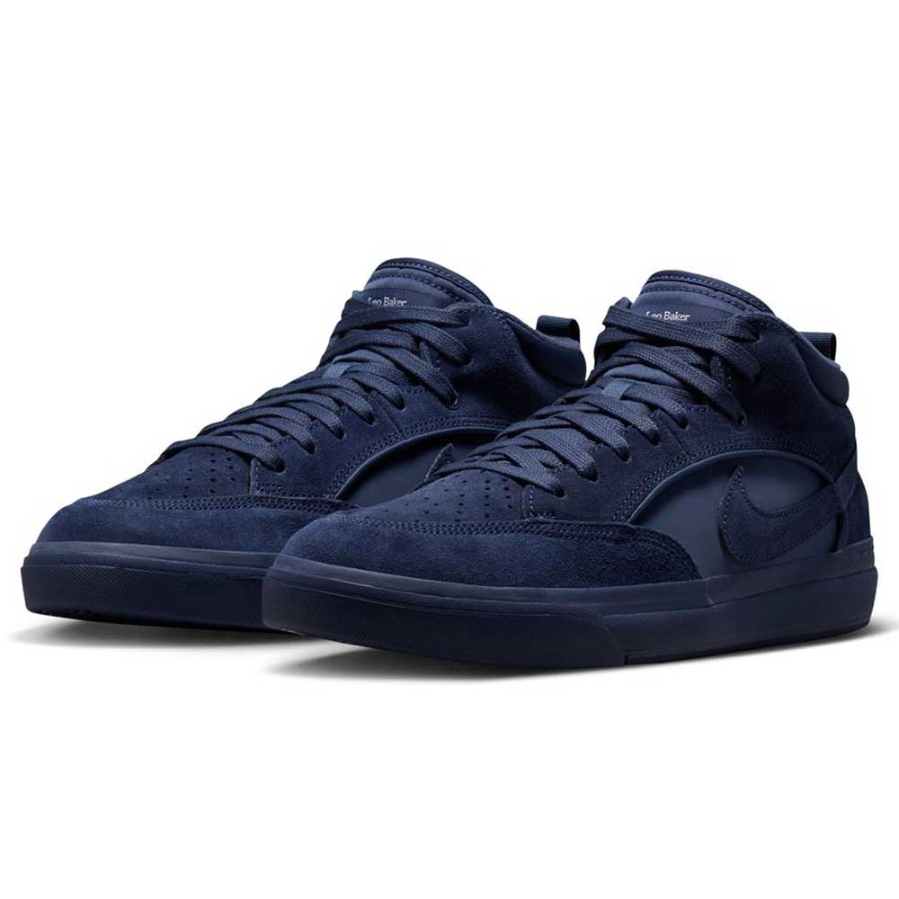 Navy Black IR1889400 Leo Baker React Nike SB suede leather skateboarding shoes with matching laces and soles, low-top design, subtle Swoosh logo, and durable traction—perfect for those seeking Leo Baker skate shoes.