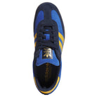 Top view of the Navy Yellow Gum Samba ADV HQ9283 Adidas Skateboarding shoes—leather and suede design features yellow stripes and a gold logo on the tongue, highlighting adidas innovation in skate footwear.