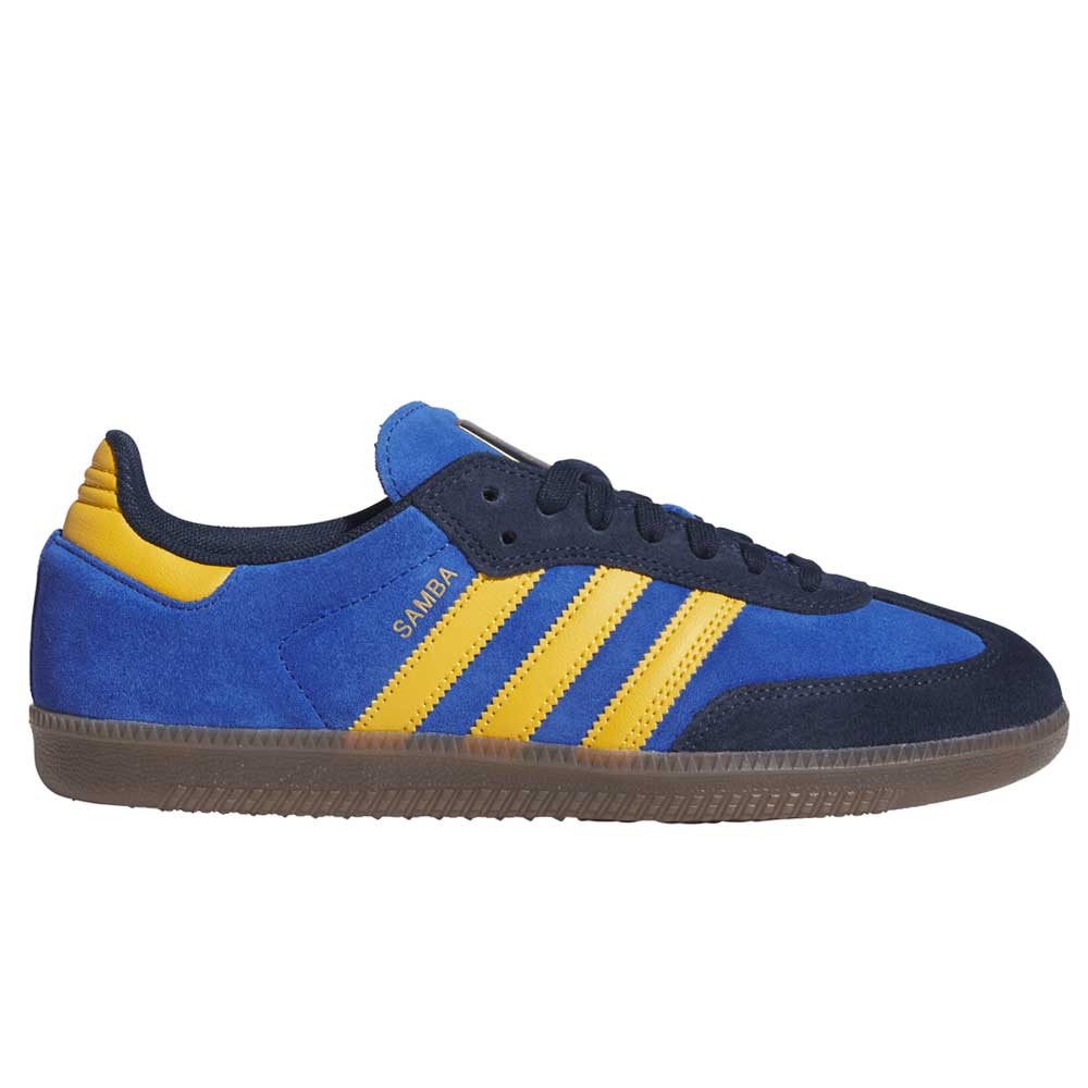 The Navy Yellow Gum Samba ADV HQ9283 Adidas Skateboarding Leather Suede Shoe features navy blue with yellow stripes and heel detail, black laces, dark blue accents, and a gum rubber sole—showcasing classic adidas skate innovation.