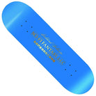 The Neoliberal Hellscape 8.5 deck by Sci-Fi Fantasy Skateboards features bright blue wood, gold “SCI-FI FANTASY LLC” text, English and Chinese details, black drill holes—a bold statement addition to your setup.