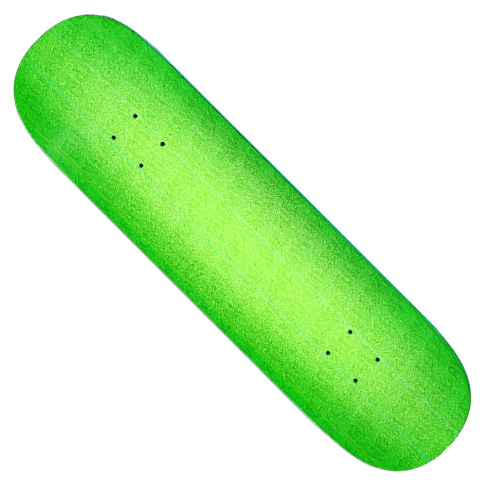 The Neon Green Stamp 8.25 FA Deck features a vibrant green finish, shown from above with a smooth surface and pre-drilled holes for easy truck attachment.