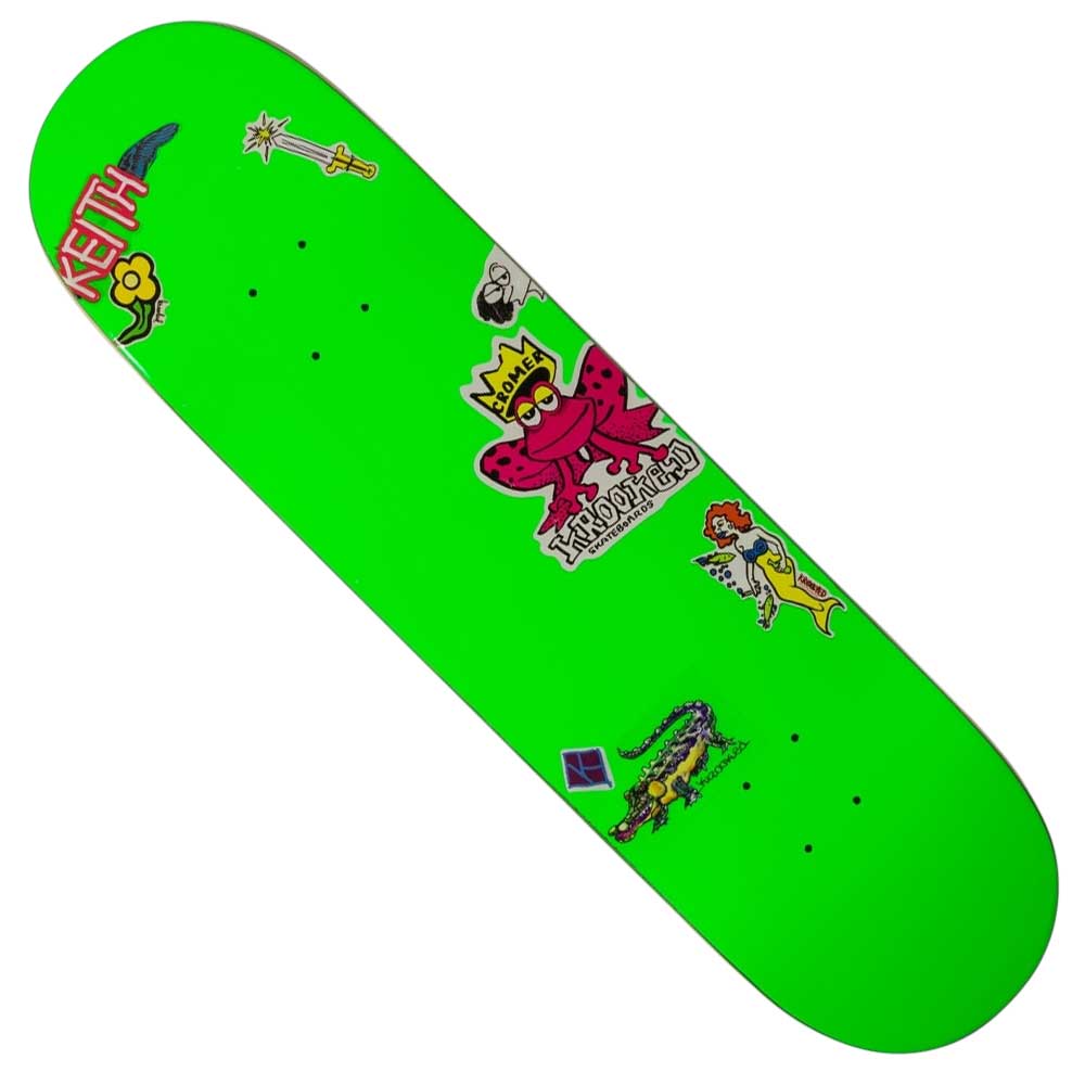 The Neon Stickers Cromer 8.25 Krooked Skateboard Deck features bright green color, neon stickers with cartoon graphics, a yellow “KEITH” label, and a crowned pink creature for a fun and stylish ride.