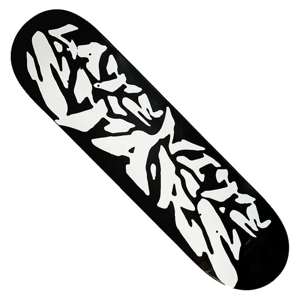 The Never Ending Story 8.25x31.9 Black Dip White Fill Deck by Late Nite Stars features bold, abstract white graffiti-style lettering on a black skateboard deck, inspired by the Never Ending Story's vibe.