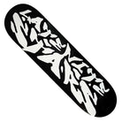 The Never Ending Story 8.25x31.9 Black Dip White Fill Deck by Late Nite Stars features bold, abstract white graffiti-style lettering on a black skateboard deck, inspired by the Never Ending Story's vibe.