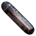 The Never Ending Story 8.25x31.9 Black Dip White Fill Deck by Late Nite Stars showcases a sunset cityscape with "Never Ending Story" in white cursive across the top, perfect for skateboarding enthusiasts.