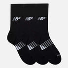 Three pairs of New Balance Numeric 3 Pack Socks Black AC0048UBK, crew style with white logos near the top and white toe stripes, each featuring a cushioned footbed, are displayed overlapping on a plain light background.