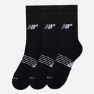 Three pairs of New Balance Numeric 3 Pack Socks Black (AC0048UBK) with white logo and horizontal stripes near the toes, cushioned footbed, displayed on a plain white background.