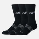 Three pairs of New Balance Numeric 3 Pack Socks Black (AC0048UBK) with white stripes near the toes, a white NB logo on the side, and cushioned footbeds are arranged upright on a plain light background.